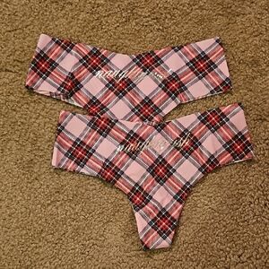 PINK Victoria's Secret Plaid No-Show Thong Christmas Naughty-ish Foil Graphic XS